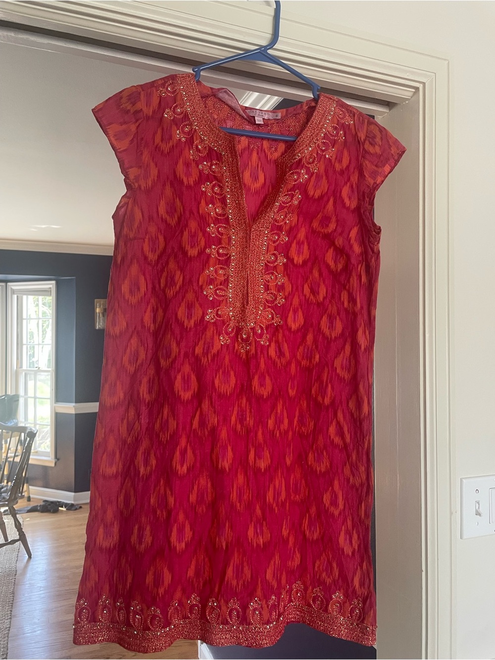 St. Barth calypso Embroidered V-Neck Tunic Dress - Red Orange Ikat small summer